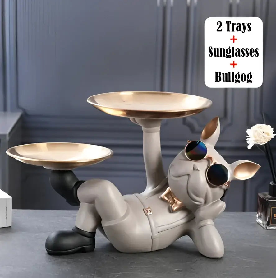 Stylish black & gold bulldog figurine sculpture living room decor tray