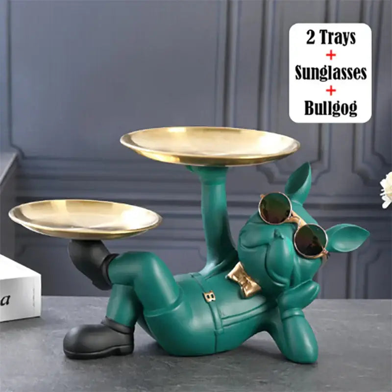 Stylish black & gold bulldog figurine sculpture living room decor tray
