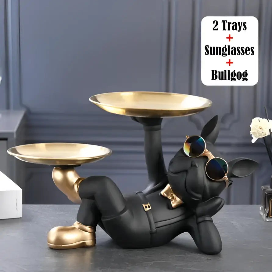 Stylish black & gold bulldog figurine sculpture living room decor tray