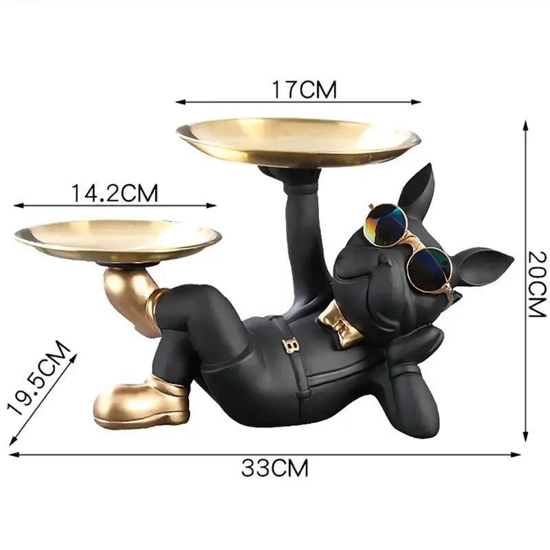 Stylish black & gold bulldog figurine sculpture living room decor tray