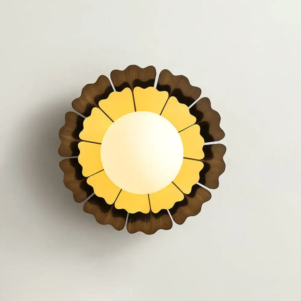 Sunflower yellow & wood wall sconce with matte white glass ball bedroom