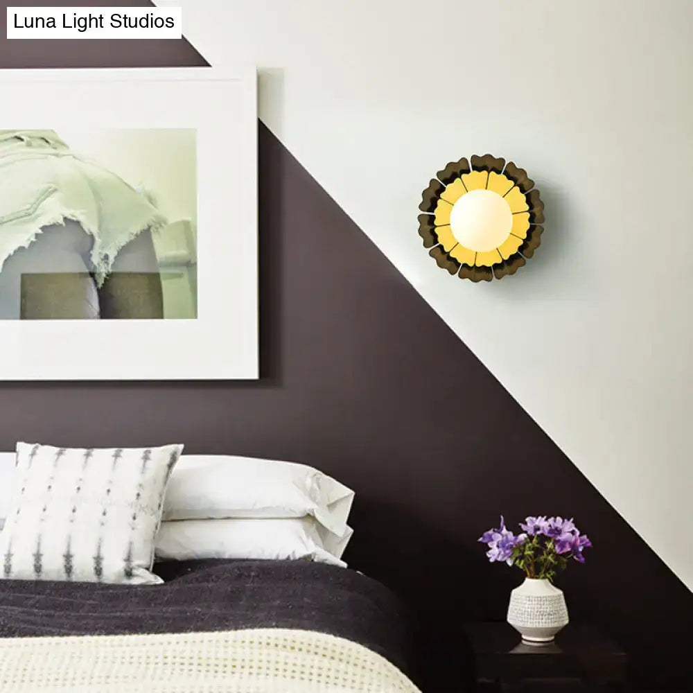 Sunflower yellow & wood wall sconce with matte white glass ball bedroom
