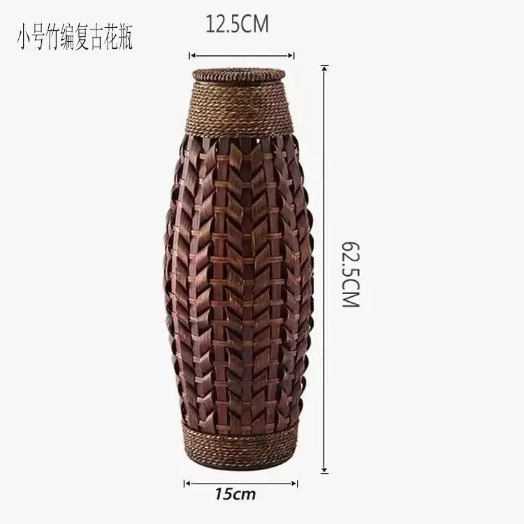 Tall dark brown bamboo woven vase living room herringbone decor