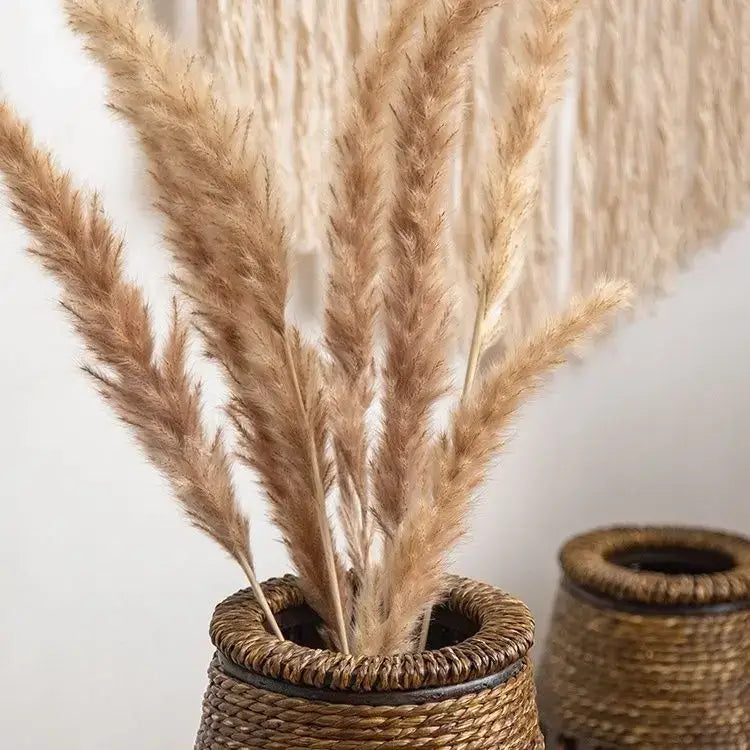 Tall dark brown bamboo woven vase living room herringbone decor