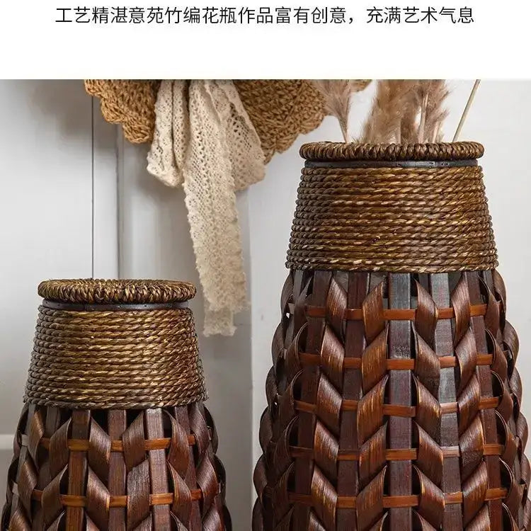 Tall dark brown bamboo woven vase living room herringbone decor