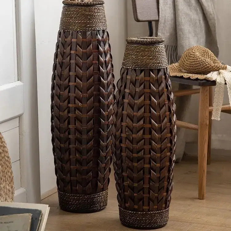 Tall dark brown bamboo woven vase living room herringbone decor