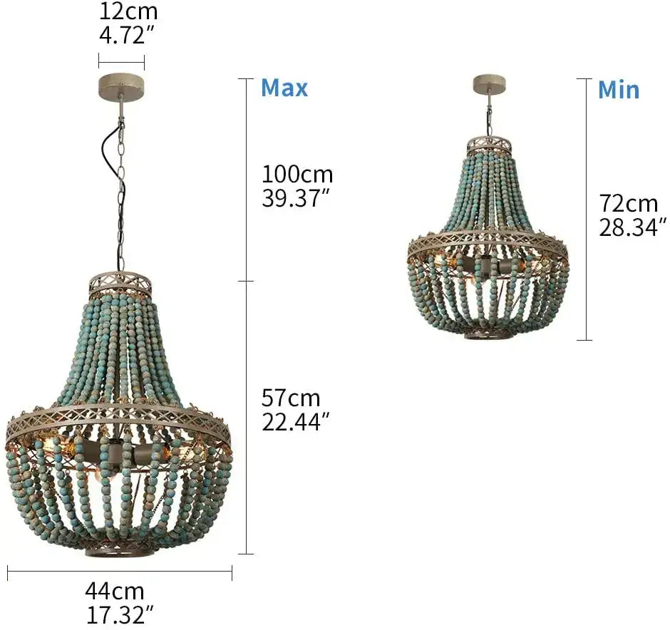 Teal blue wood beads pendant light bedroom woven chandelier