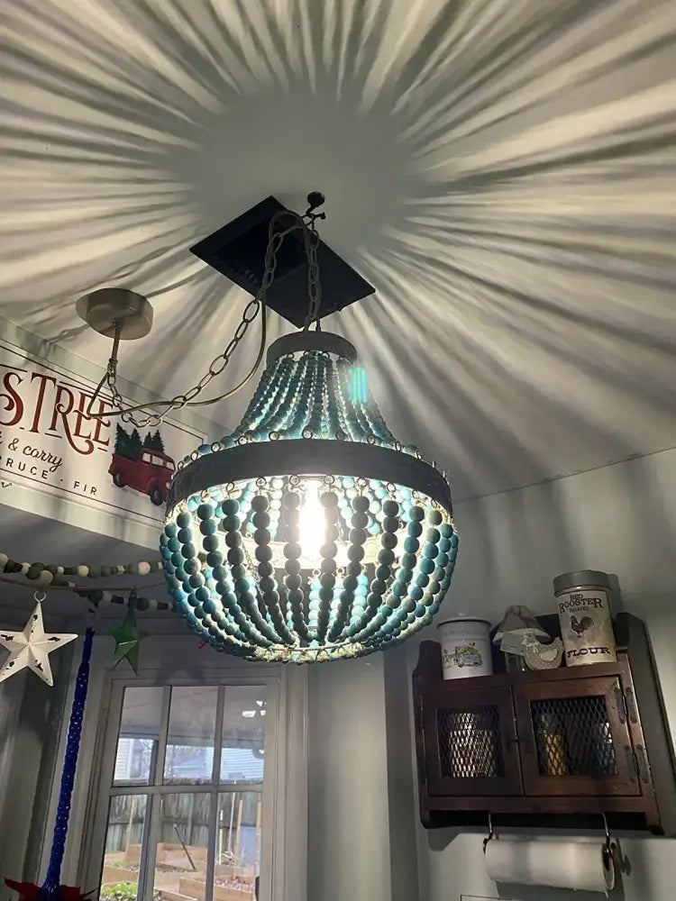 Teal blue wood beads pendant light bedroom woven chandelier