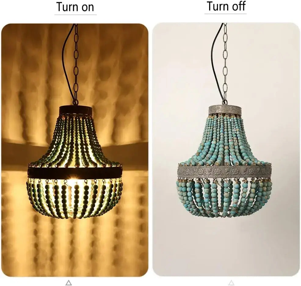 Teal blue wood beads pendant light bedroom woven chandelier