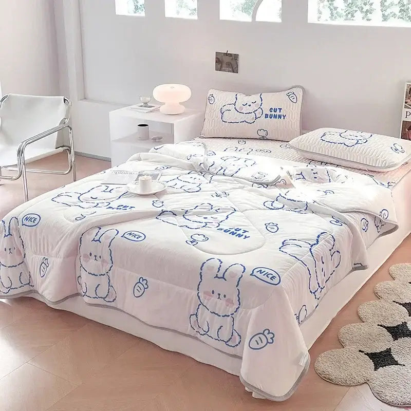Teal & cream zigzag cool summer blanket set bedroom quilt