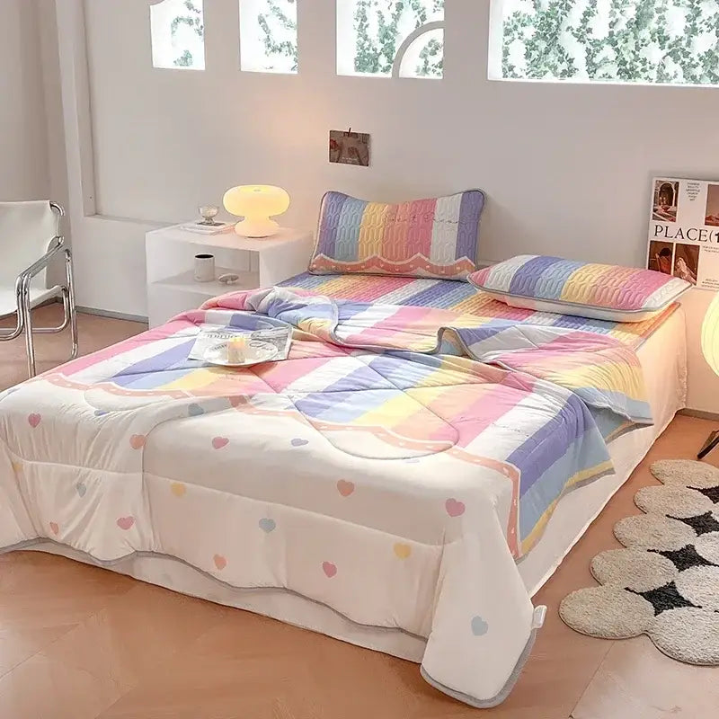 Teal & cream zigzag cool summer blanket set bedroom quilt