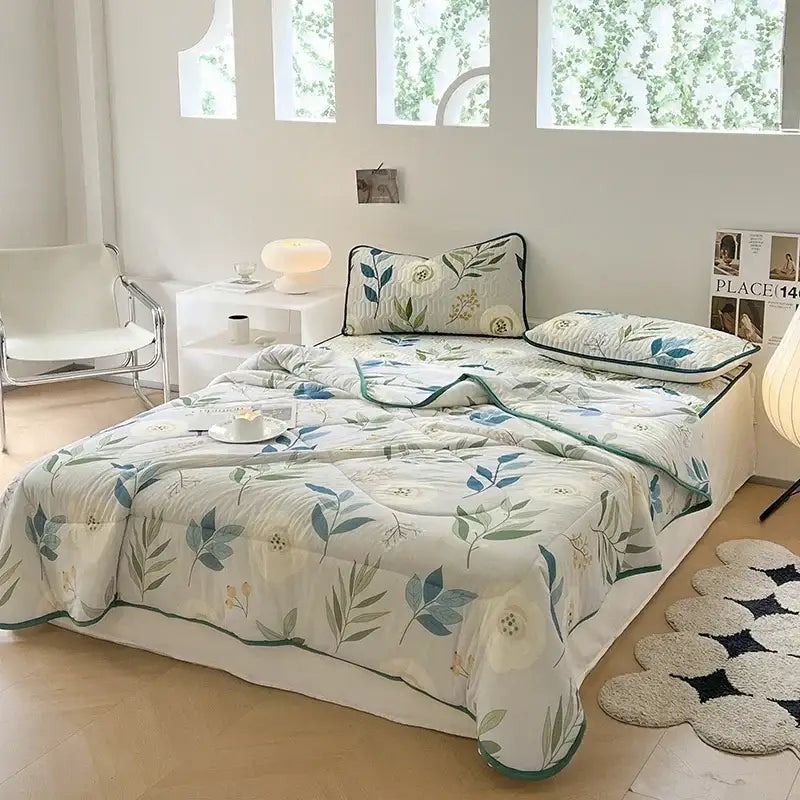 Teal & cream zigzag cool summer blanket set bedroom quilt