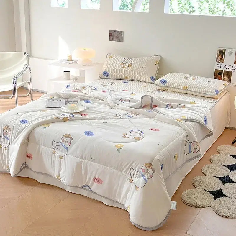 Teal & cream zigzag cool summer blanket set bedroom quilt