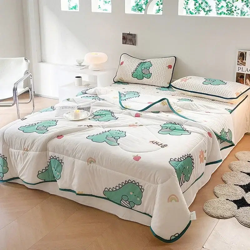 Teal & cream zigzag cool summer blanket set bedroom quilt