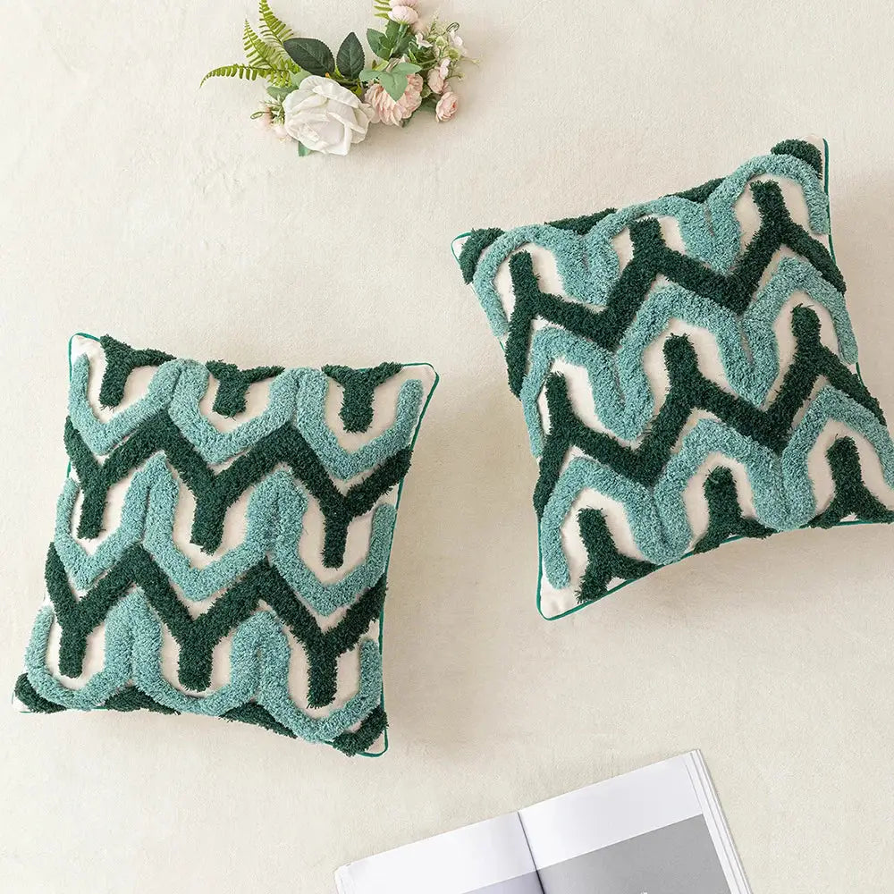 Teal & dark green boho tufted pillow covers living room decor