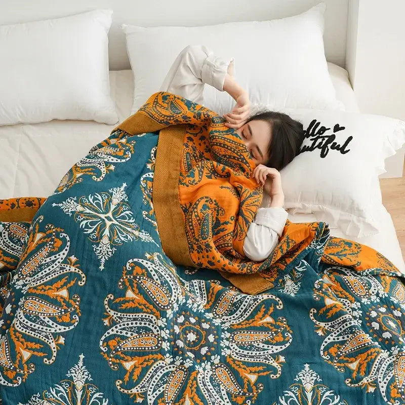 Teal & gold floral bohemia cotton blanket bedroom quilt