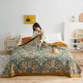 Teal & gold floral bohemia cotton blanket bedroom quilt