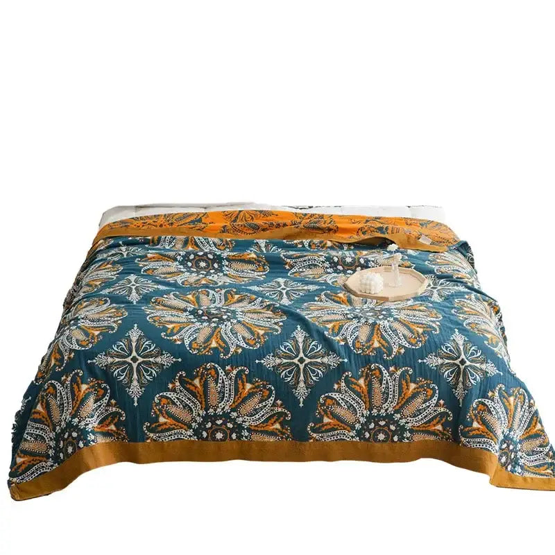 Teal & gold floral bohemia cotton blanket bedroom quilt