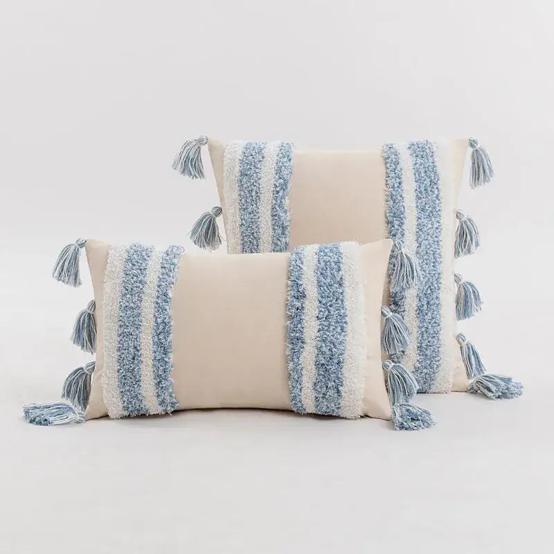 Textured blue & beige striped cushion cover living room tassel pillow
