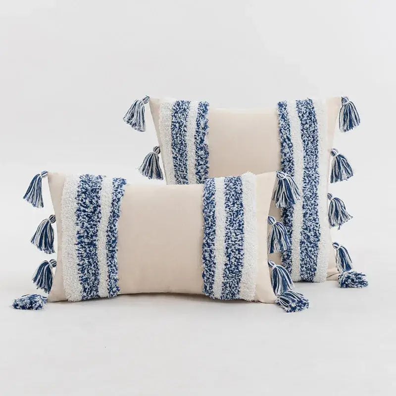 Textured blue & beige striped cushion cover living room tassel pillow