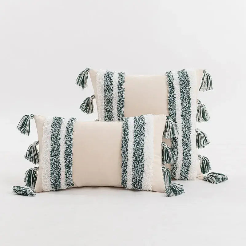 Textured blue & beige striped cushion cover living room tassel pillow