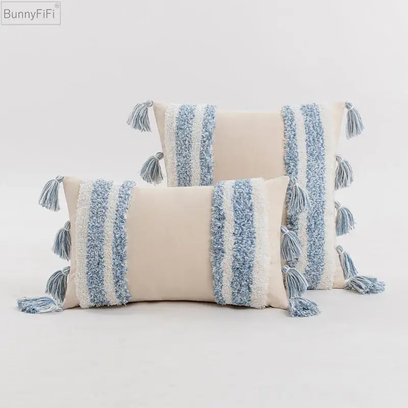 Textured blue & beige striped cushion cover living room tassel pillow