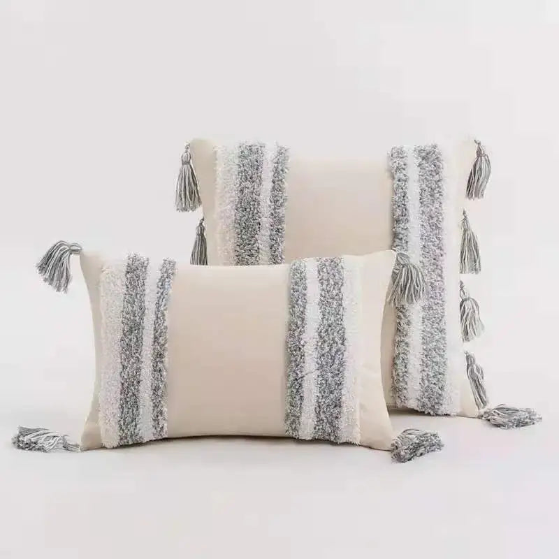 Textured blue & beige striped cushion cover living room tassel pillow