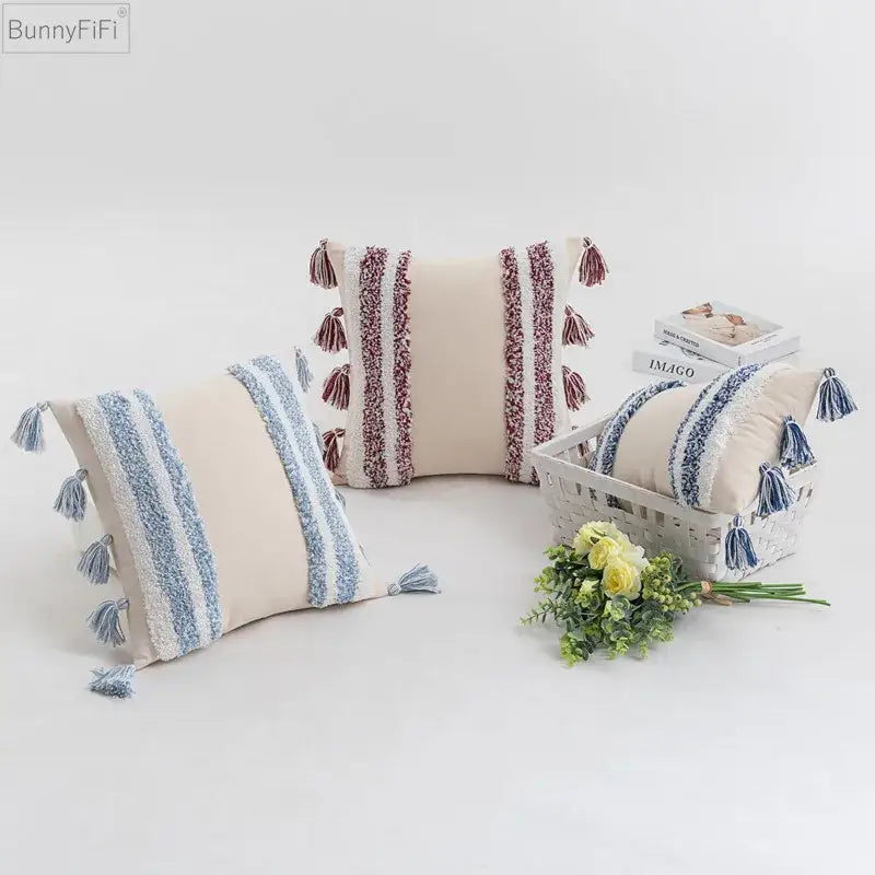 Textured blue & beige striped cushion cover living room tassel pillow