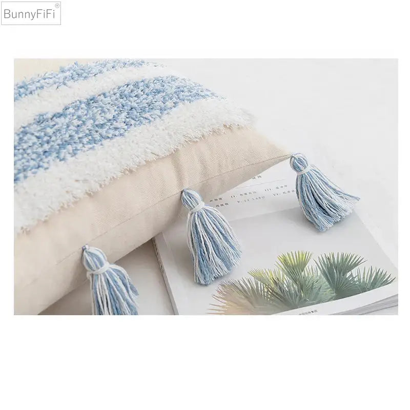 Textured blue & beige striped cushion cover living room tassel pillow