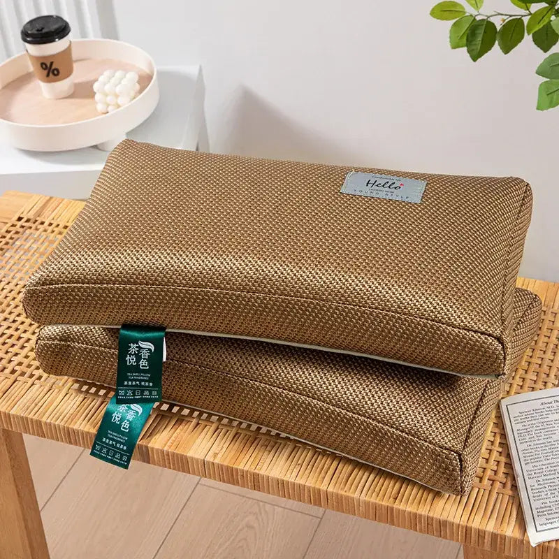 Textured brown woven cooling cervical pillow bedroom sleep health