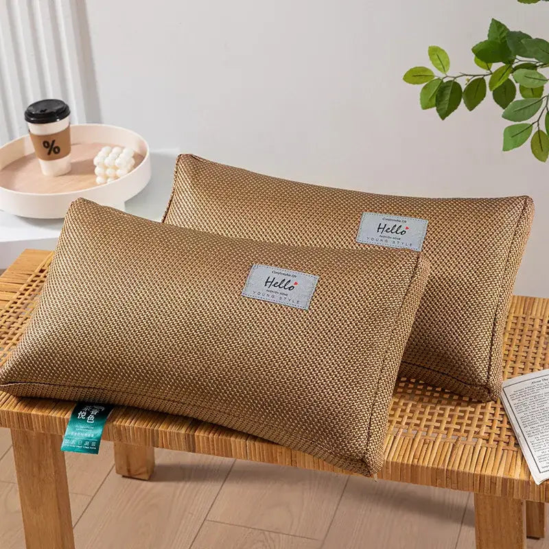 Textured brown woven cooling cervical pillow bedroom sleep health