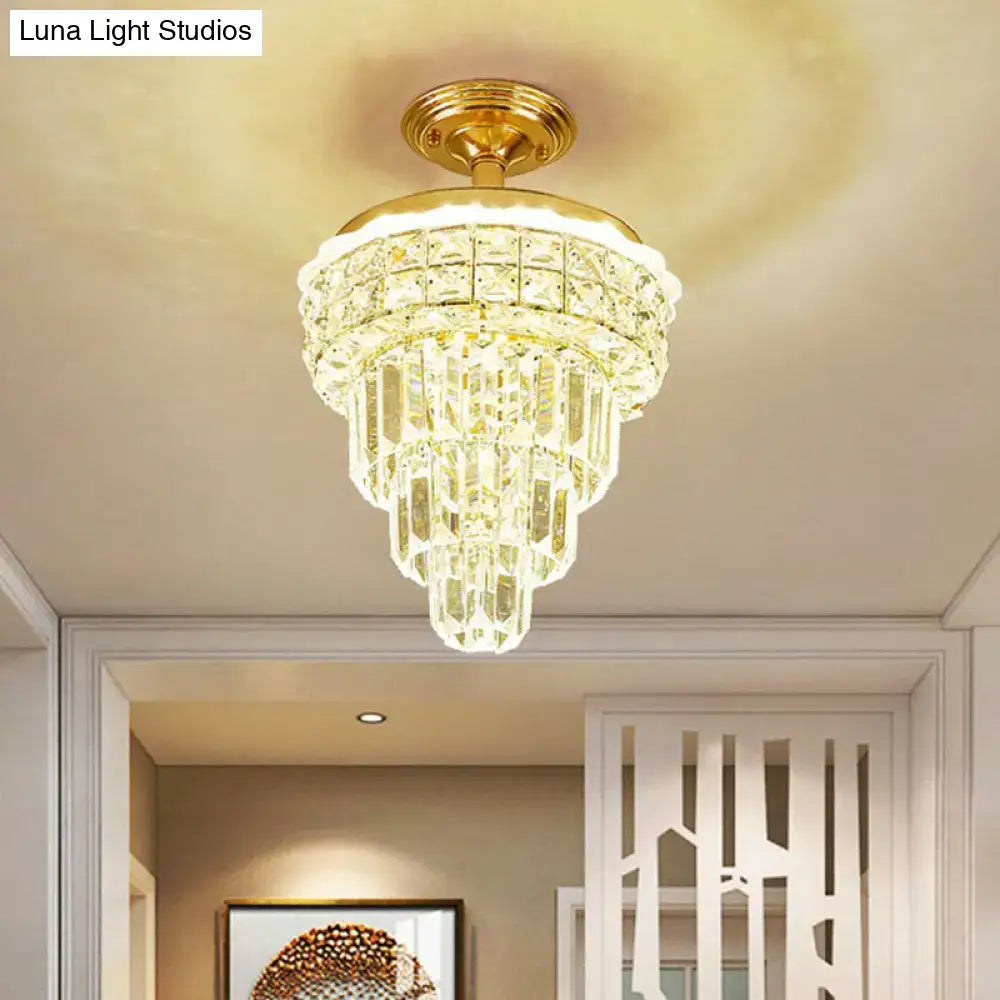 Tiered gold and optical crystal foyer chandelier with golden-finished faceted glass and polished brass mounting plate inch fixture decorbites optical crystal
