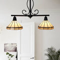 Black wrought iron DecorBites™ ceiling light with two amber glass cone shades featuring geometric floral patterns