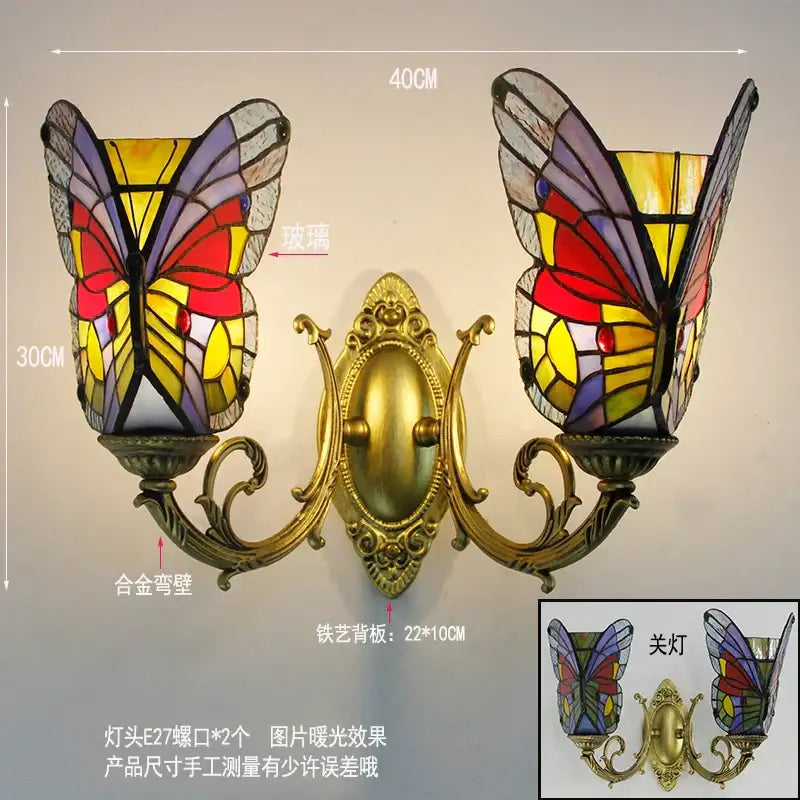 Tiffany butterfly glass sconces brass led wall lamps bedroom