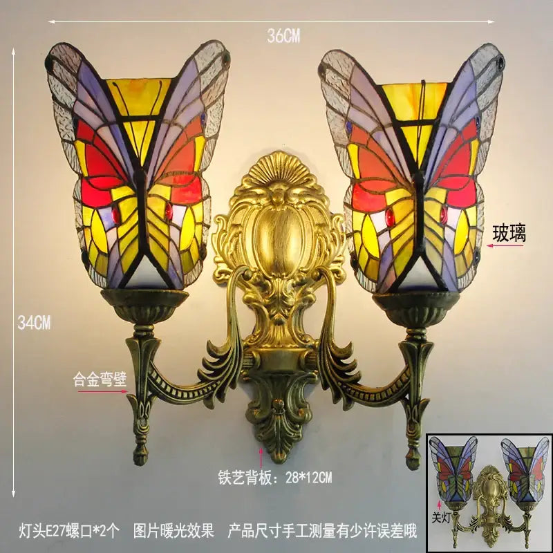 Tiffany butterfly glass sconces brass led wall lamps bedroom