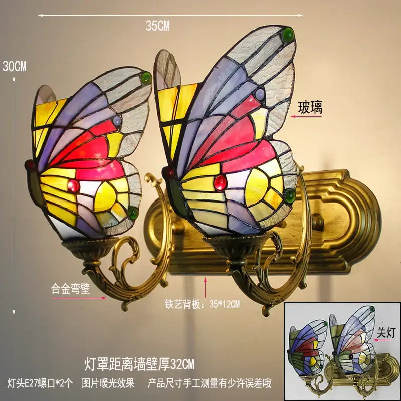 Tiffany butterfly glass sconces brass led wall lamps bedroom