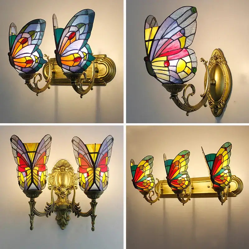 Tiffany butterfly glass sconces brass led wall lamps bedroom