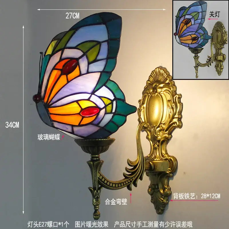 Tiffany butterfly glass sconces brass led wall lamps bedroom