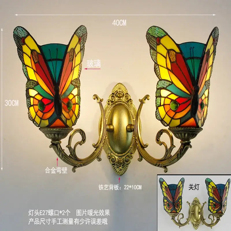 Tiffany butterfly glass sconces brass led wall lamps bedroom