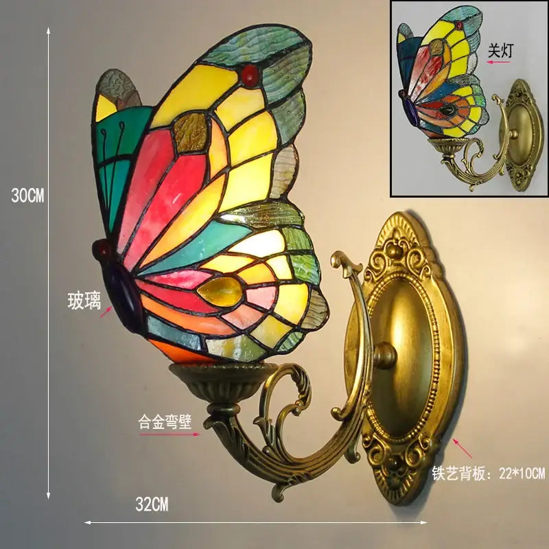 Tiffany butterfly glass sconces brass led wall lamps bedroom