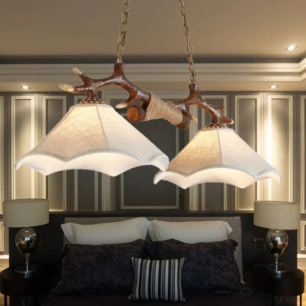 DecorBites™ Traditional Bell Ceiling Lamp: 2-Bulb Bedroom Island Light Fixture with Antler Arm in Flaxen Fabric