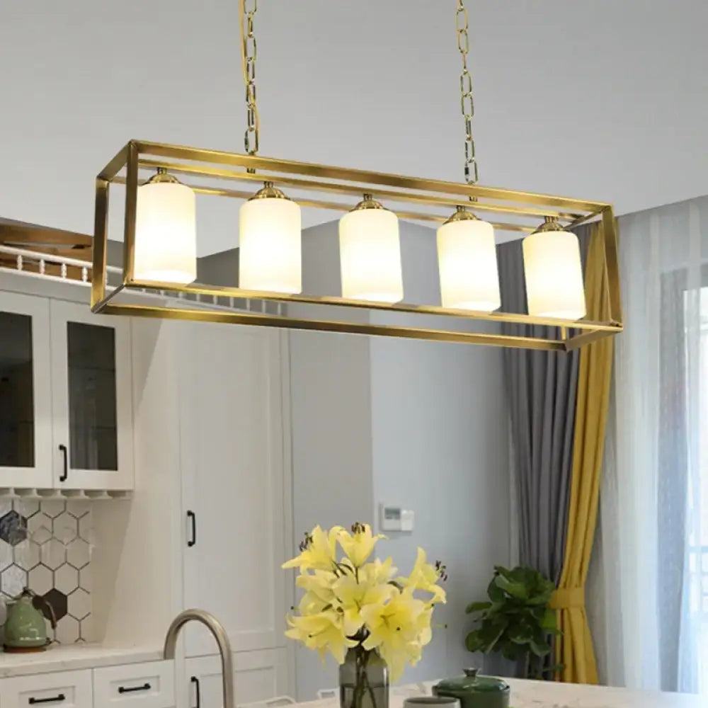 Traditional black & brass island pendant with opal glass kitchen light