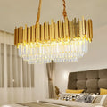 Traditional brass crystal chandelier dining room ceiling light with gold-toned rectangular design and cascading clear prisms 220v-240v 110v-120v