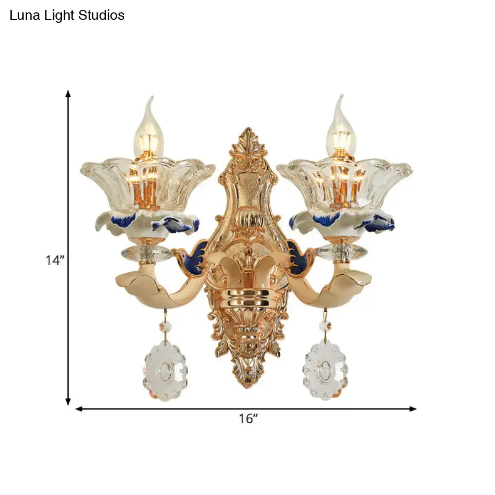 Traditional brass crystal flower wall sconce light living room bird