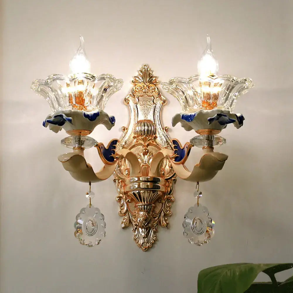 Traditional brass crystal flower wall sconce light living room bird
