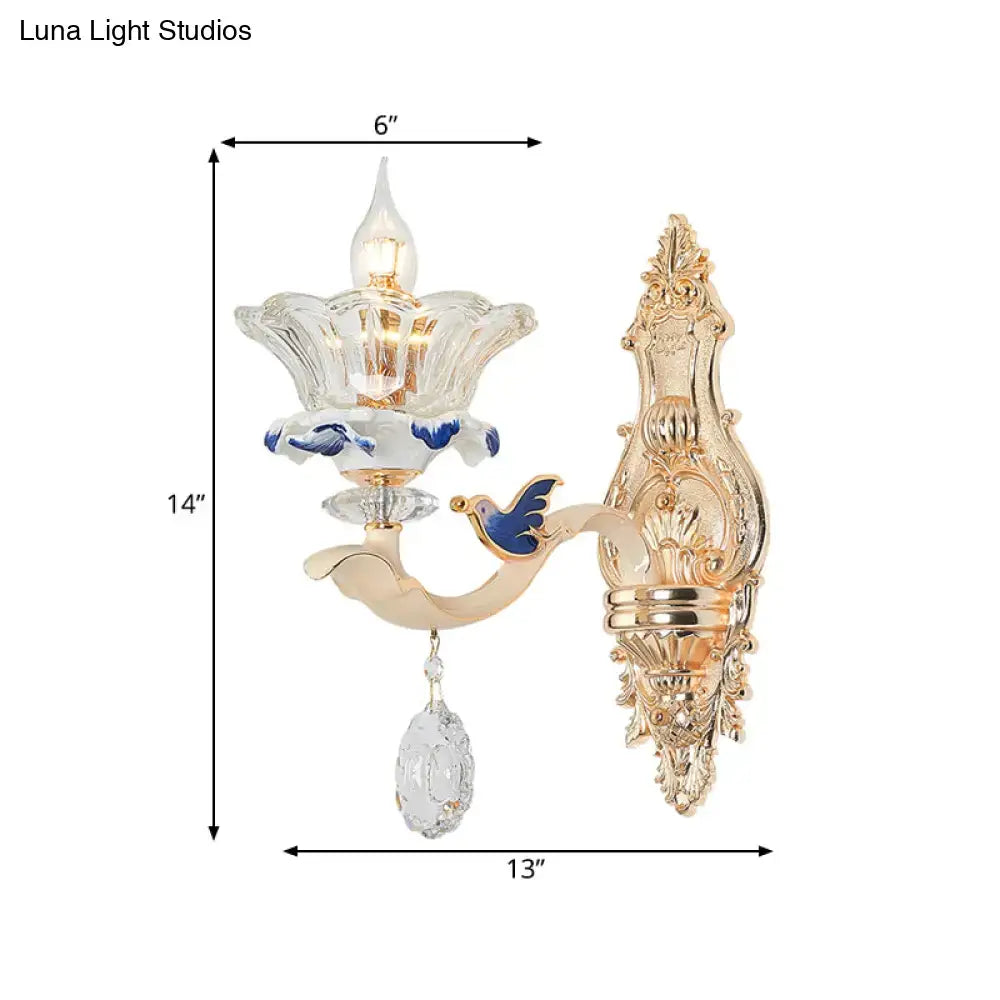 Traditional brass crystal flower wall sconce light living room bird