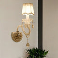 Traditional gold crystal candle wall lamp for bedroom with lace shade