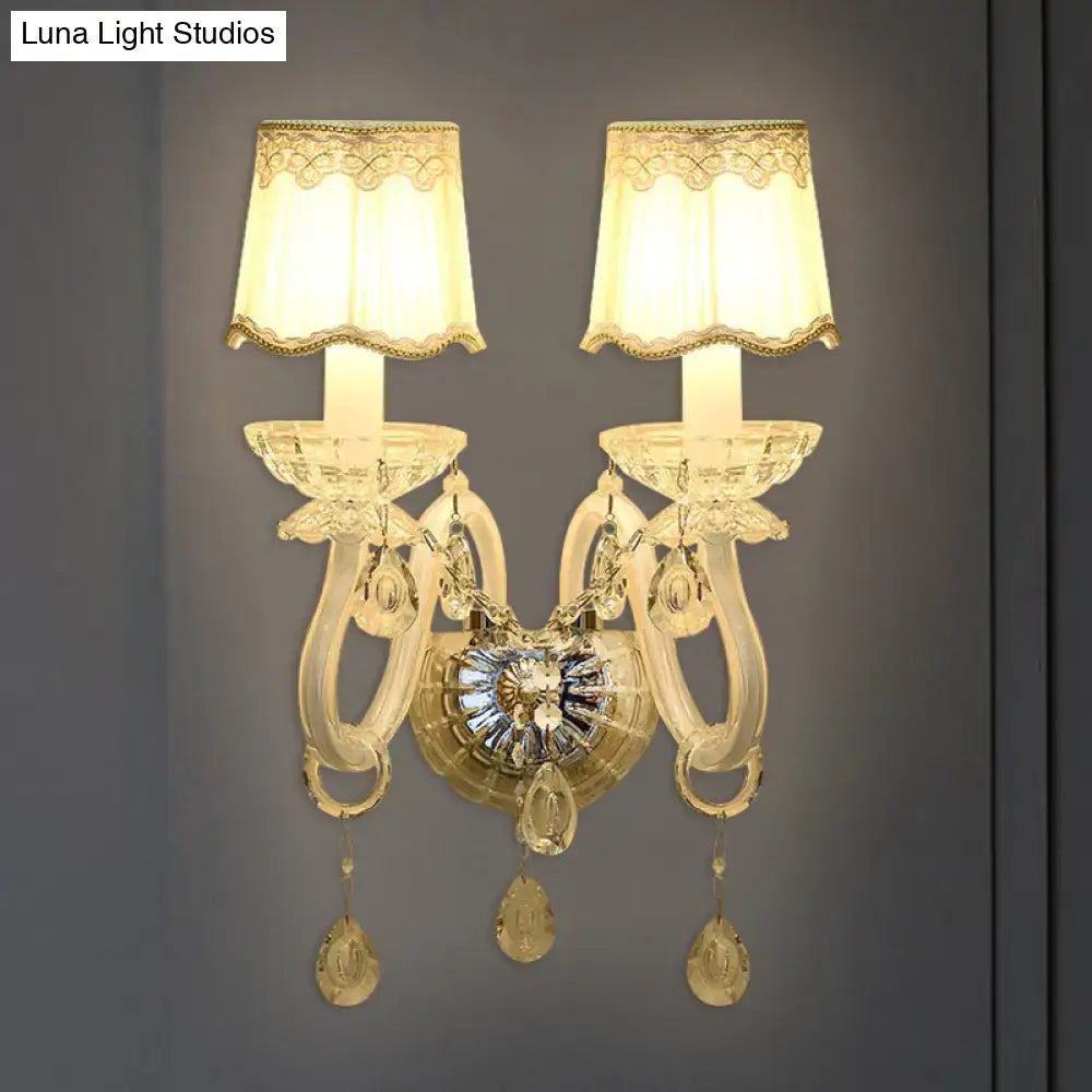 Traditional gold crystal candle wall lamp for bedroom with lace shade