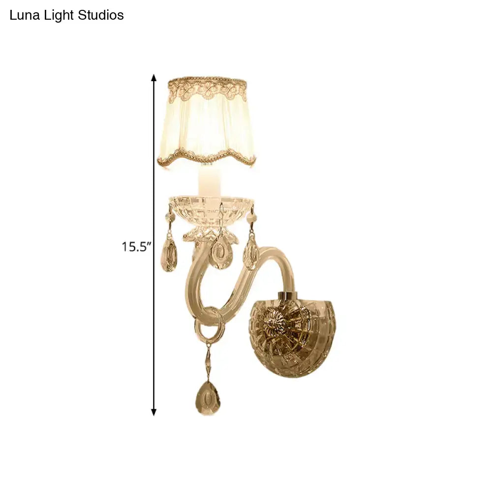 Traditional gold crystal candle wall lamp for bedroom with lace shade