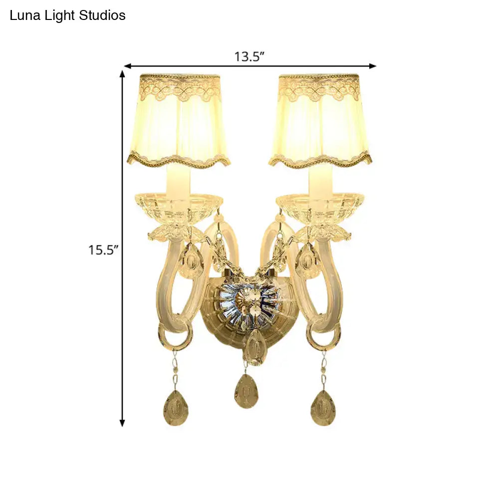 Traditional gold crystal candle wall lamp for bedroom with lace shade